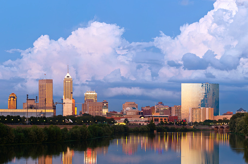Image of Indianapolis skyline at sunset after thunderstorm.
