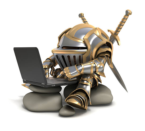 knigh und computer - knight cartoon three dimensional shape humor stock-fotos und bilder