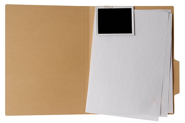 Isolated shot of opened file folder on white background Opened brown file folder, stacked blank documents with blank photo attached isolated on white background with Clipping path. message photos stock pictures, royalty-free photos & images