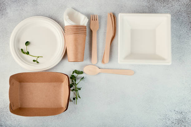 istock Biodegradable disposable tableware. Paper plates, cups, boxes. Wooden cutlery. Flat lay 1234703042
