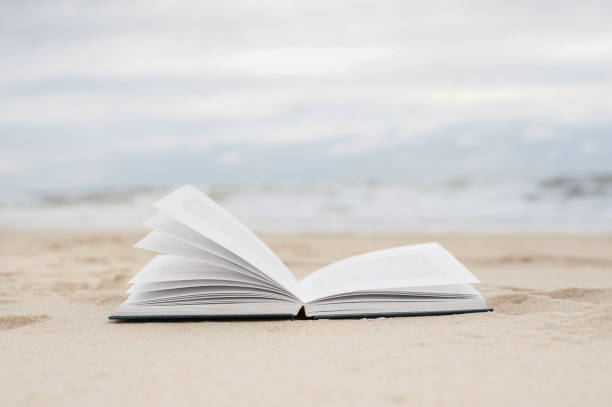 Book on a beach with sea at background, vacations concept
