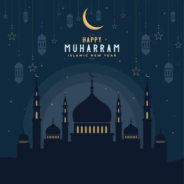 Vector illustration of Islamic new Hijri year, Happy Muharram vector illustration with mosques, lights, moon, and stars.