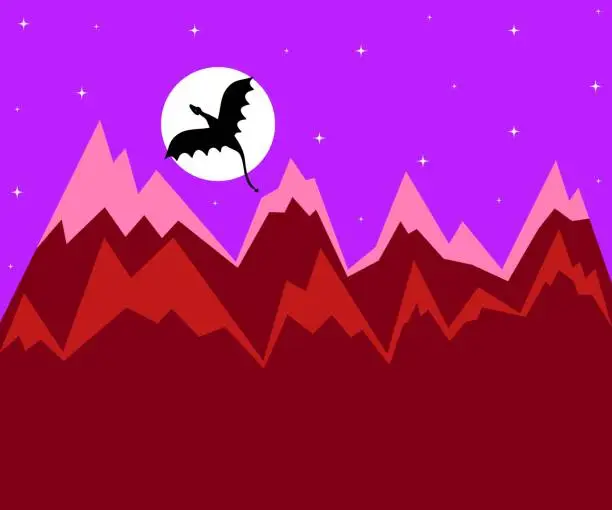 Vector illustration of a black dragon flies over the red mountains on a starry night