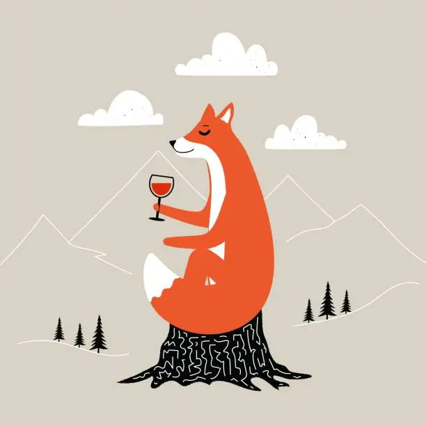 Vector illustration of Vector illustration with ginger fox sitting on black stump with a glass of red wine. Doodle mountain landscape, rough white clouds and black pine trees on blackground.