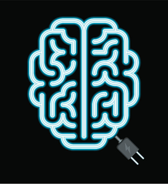 Neon Brain Brain in neon style. electric plug dark stock illustrations