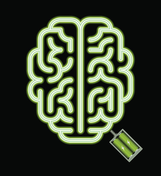 Green Neon Brain Brain in neon style with batteries. electric plug dark stock illustrations