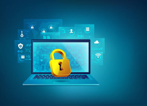 cyberSecurity concept of cyber security or firewall technology, graphic of realistic computer laptop and golden padlock with futuristic element identity theft stock illustrations