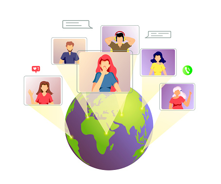 Planet and people talking by internet. Video conferencing, Online meeting, Distance working and learning, communication concept. Vector illustration for poster, banner, commercial, advertising.