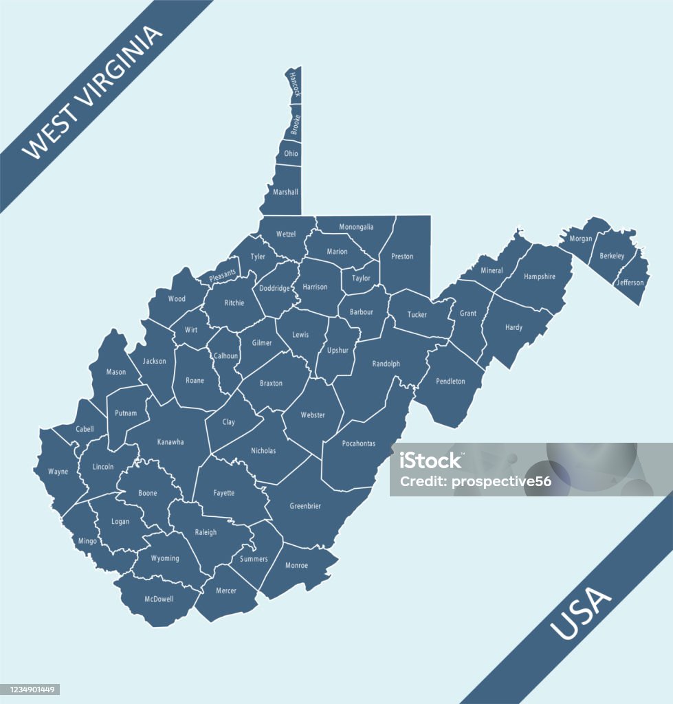 County map of West Virginia Highly detailed counties map of West Virginia state of United States of America for for web banner, mobile app, and educational use. The map is accurately prepared by a map expert. Map stock vector