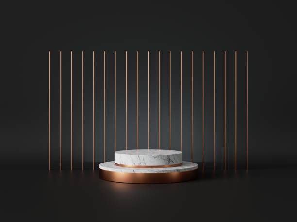 istock 3d render, abstract minimalist black background with white marble podium and vertical golden rods. Empty platform, vacant pedestal, stage, showcase stand, product display blank mockup with copy space 1234907765