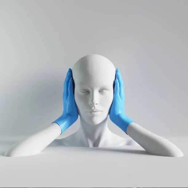 Photo of 3d render, white woman sculpture, female mannequin bald head, ears closed by hands in sterile blue latex gloves, isolated on white background. Infection protection, modern minimal deafness concept