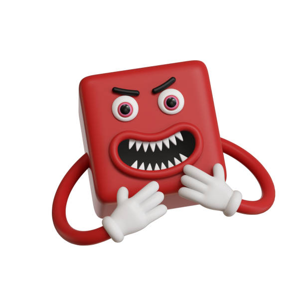 istock 3d render, abstract emotional red face icon, aggressive emoticon clip art isolated on white background. Angry cartoon character illustration, mad monster, square emoji, silly cubic toy 1234912328