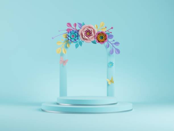 istock 3d render, abstract blue floral background. Frame with colorful paper flowers, botanical arch. Shop product display showcase, empty podium, vacant pedestal, round stage. Blank poster mockup 1234913361