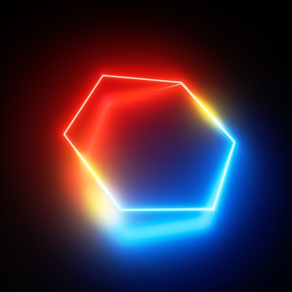 3d render, red blue neon light, glowing hexagon simple geometric shape perspective view, isolated on black background, blank space for text