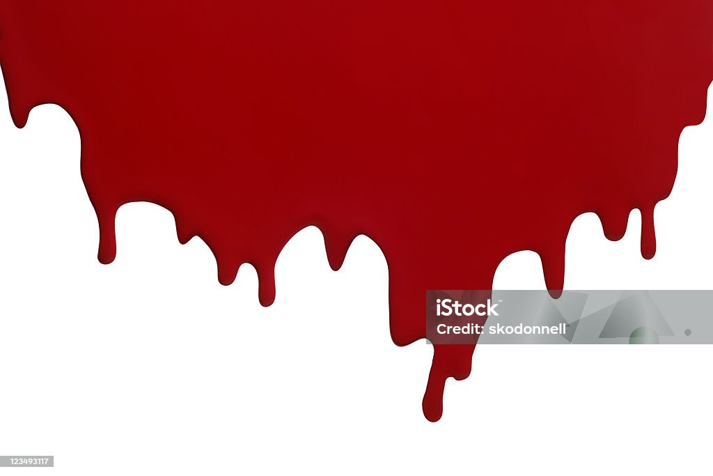 dripping red paint or blood red paint dripping down a wall isolated on a white background. Blood Stock Photo