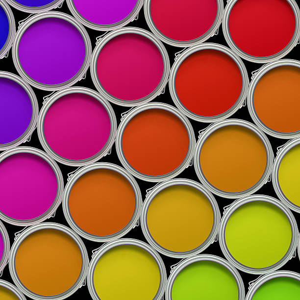 istock overhead view of may colorful paint cans XXL 123493132