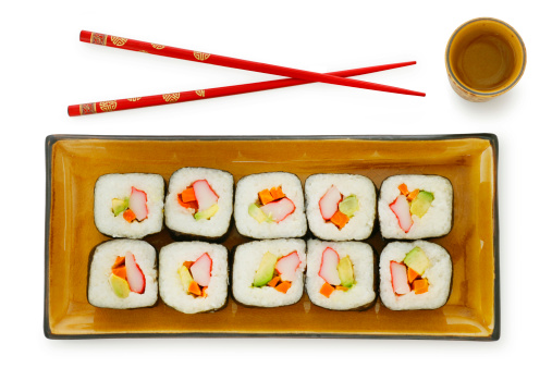 Sushi and rolls restaurant delivery mockup for logo. Japanese food circle platter set isolated on white background, top view
