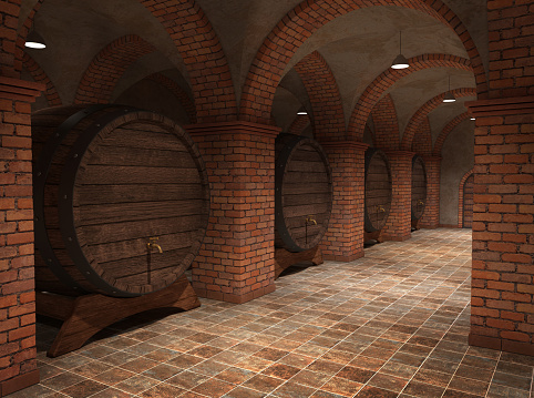 Wine barrels in wine-vaults. Mixed media. Interior of wine vault with wooden barrels. -3d rendering. - Illustration.