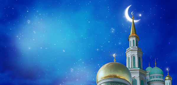 Beautiful Islamic Greeting Cards for Muslim Holidays. Ramadan Kareem background with mosque. Blue banner with moon.