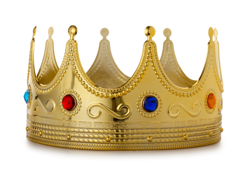 3d royal golden crown with blue diamonds on isolated background. Textured king gold crown. 3d rendering illustration.