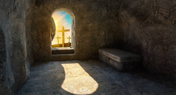 istock He is Risen. Empty Tomb. Crucifixion at Sunrise. -3d rendering. - Illustration. 1234965177