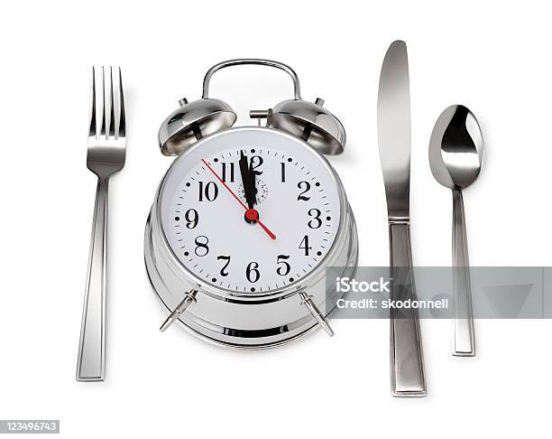 Diet Stock Photo - Download Image Now - Alarm Clock, Plate, White Background