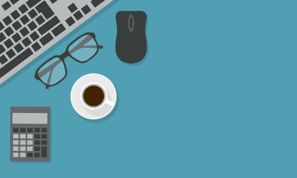 ilustrações de stock, clip art, desenhos animados e ícones de flat design illustration of office desk board with computer keyboard, calculator and glasses. cup of coffee with mouse on green-blue background with space for text - vector - coffee top view