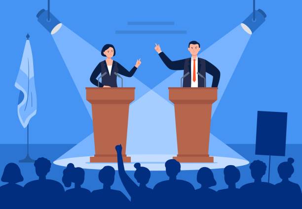 ilustraciones, imágenes clip art, dibujos animados e iconos de stock de los candidatos de hombre y mujer están discutiendo en el escenario. - presidential election illustrations