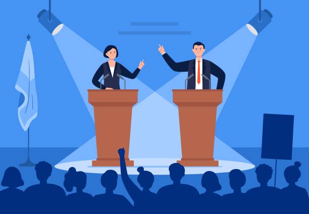 ilustrações, clipart, desenhos animados e ícones de candidatos a homens e mulheres estão discutindo no palco. - presidential candidate