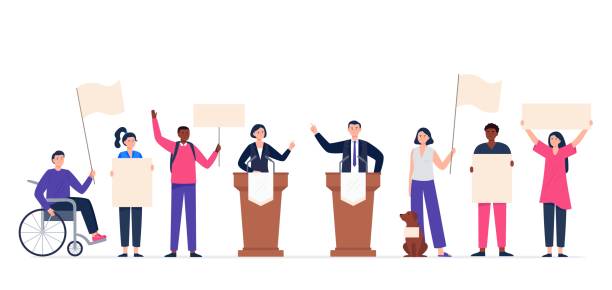 Political meeting with candidates. Pre-election campaign concept. Multinational people with support banners. Man and woman voters. Flat vector illustration. politician stock illustrations