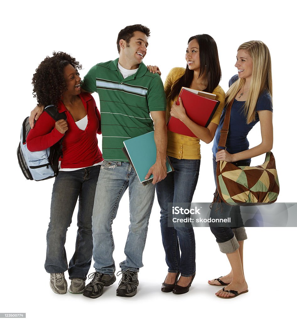 Czterech studentów uśmiecha się na biały - Zbiór zdjęć royalty-free (Student uczelni wyższych)