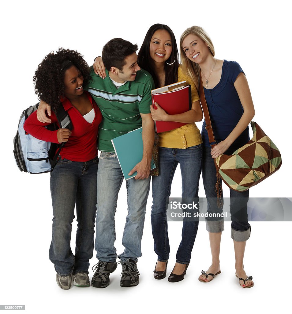 Cuatro estudiantes universitarios sonriendo sobre blanco - Foto de stock de Fondo blanco libre de derechos