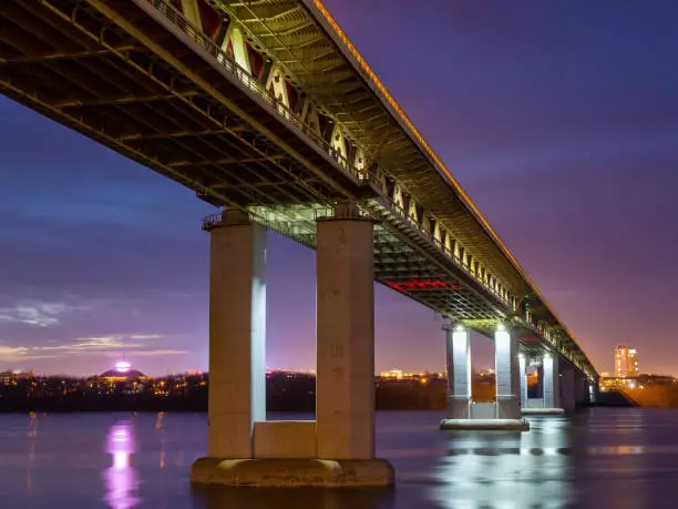 Metro bridge on the Oka River in the evening light in Nizhny Novgorod, Russia