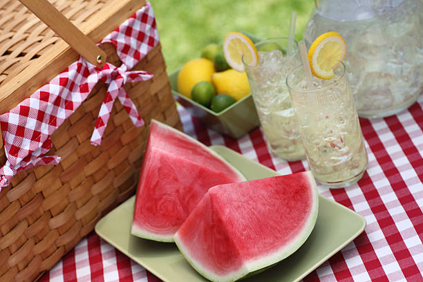 tavolo da picnic con del cibo - picnic watermelon summer food foto e immagini stock