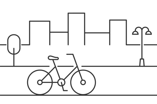 illustrations, cliparts, dessins animés et icônes de vélo dans la rue avec le paysage urbain, le lampadaire et l’arbre. icône de ligne mince. concept de transport urbain. - location vélo