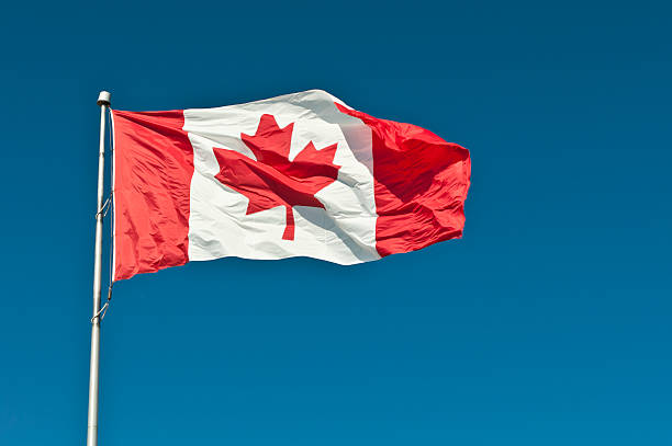 istock Waving Canadian Flag with Blue Sky 123502905