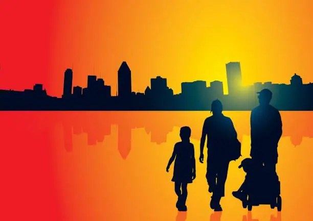 Vector illustration of Family and city silhouettes