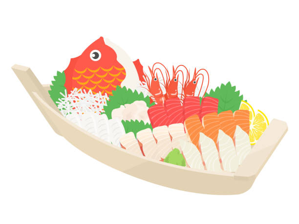 ilustraciones, imágenes clip art, dibujos animados e iconos de stock de plato de barco sashimi - sashimi