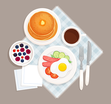 Served breakfast on the table top view. On the plates are scrambled eggs with bacon, muffin, yogurt with berries, coffee, napkins and devices for eating. Vector illustration in cartoon style isolated.