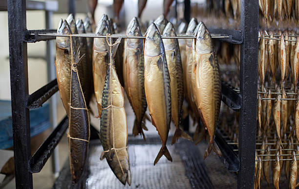 istock Rows and batches of cold smoked fish hanging 123506860