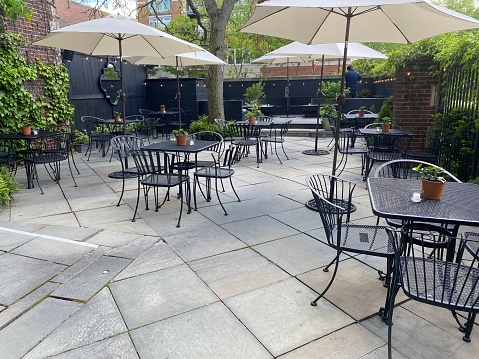 Illinois restaurants prepare to open for outdoor dining on May 29, as Phase 3 of the state's reopening plan begins. Tables are spaced six feet apart for social distancing. Until now, during the COVID-19 pandemic, restaurants have been open for takeout and delivery only.