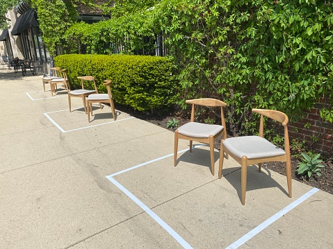Waiting area outside Illinois restaurant as it prepares to open for outdoor dining on May 29, as Phase 3 of the state's reopening plan begins. Tables are spaced six feet apart for social distancing. Until now, during the COVID-19 pandemic, restaurants have been open for takeout and delivery only.