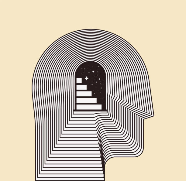 istock Mental health psychotherapy or inner world or meditation concept with side view human head silhouette with door and stairways inside. Conceptual vector illustration 1235111048