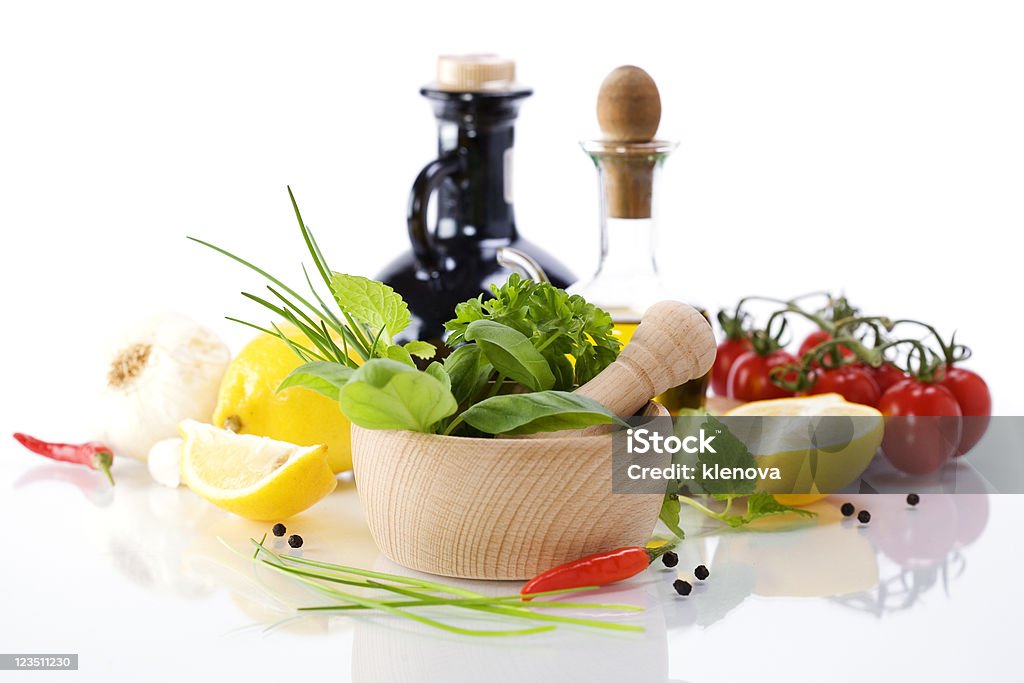 Azeite e produtos hortícolas - Royalty-free Alho Foto de stock