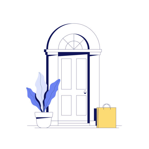 ilustrações de stock, clip art, desenhos animados e ícones de delivery to the door service concept with minimalistic trendy thin lined package paper bag with food or groceries at front door. safe delivery concept. vector illustration - overnight delivery illustrations