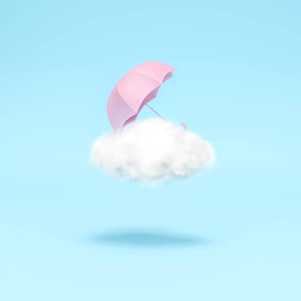 istock Pink umbrella put on the cloud on sky pastel blue background 3d rendering. 3d illustration Rainy Season greeting card template minimal concept. 1235124976