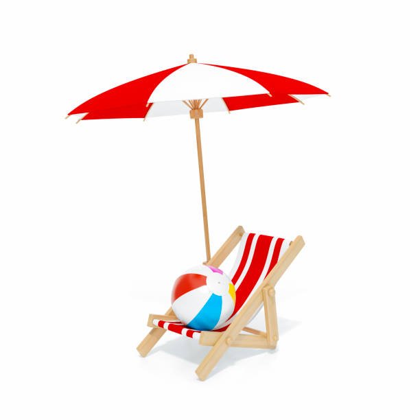 istock Beach chair, Deck chair with red and white stripes isolated on white background 3d rendering. Sunchair, wooden beach lounge chair with umbrella and beach ball. 3d illustration Summer minimal concept. 1235126017