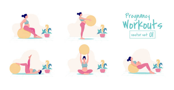 ilustraciones, imágenes clip art, dibujos animados e iconos de stock de conjunto de entrenamientos prenatales + embarazo. ejercicios de bola de estabilidad. ejercicio y fitness, concepto de embarazo. ilustración vectorial. - relaxation exercise child mother human pregnancy