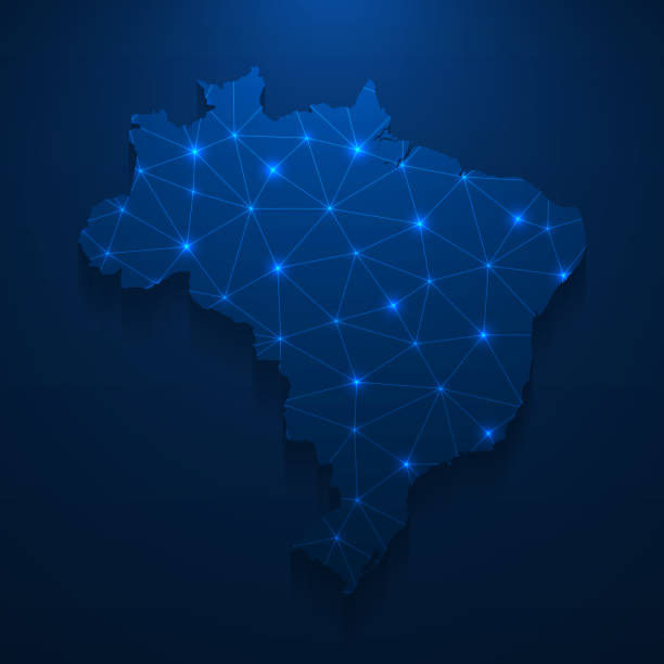 сеть карт бразилии - яркая сетка на темно-синем фоне - brazil stock illustrations
