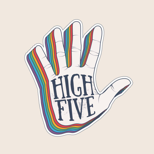 High five hand palm silhouette with vintage styled rainbow shadow sticker design template. Vector illustration High five hand palm silhouette with vintage styled rainbow shadow sticker design template. Vector eps 10 illustration high five stock illustrations